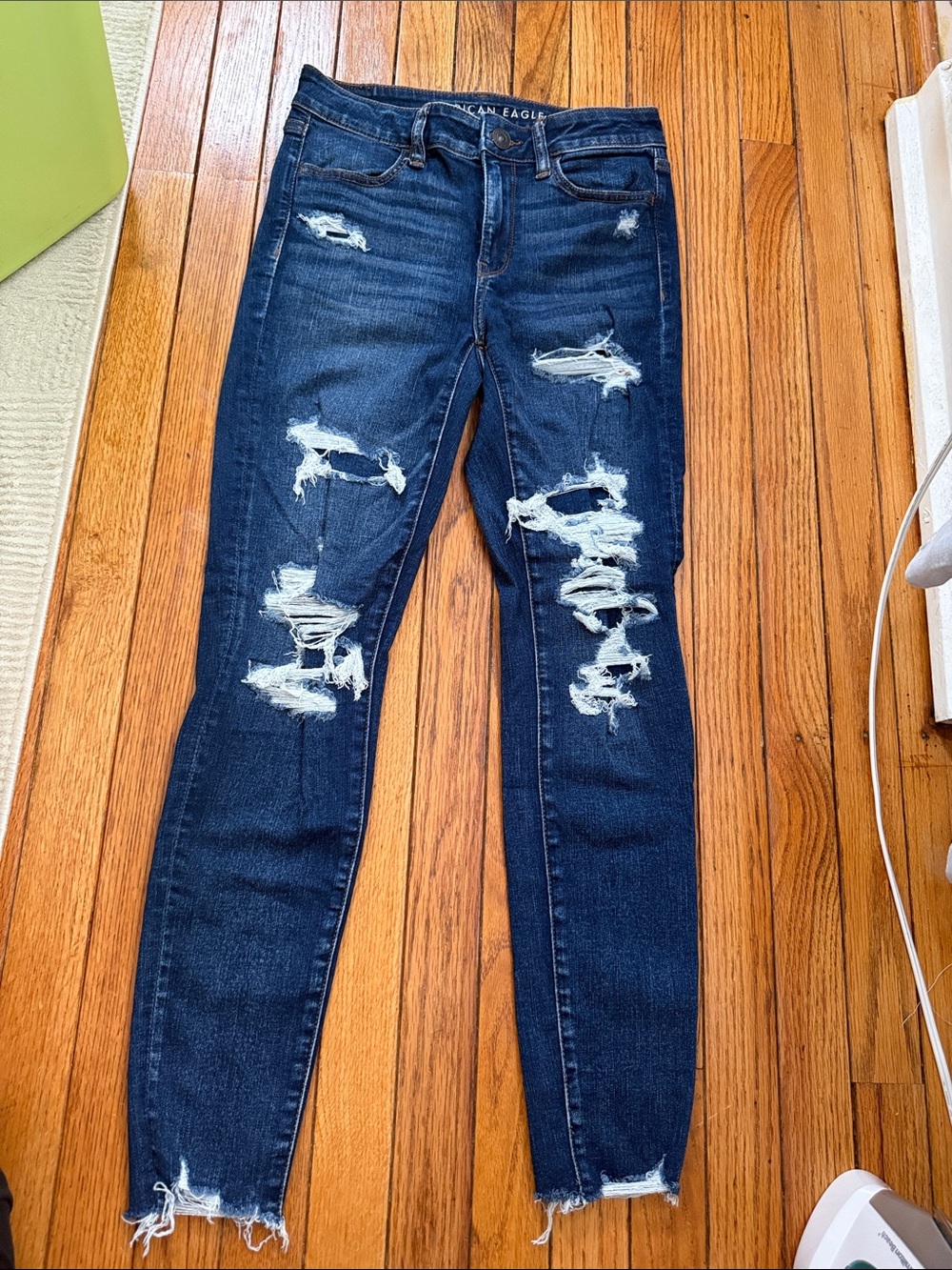 American Eagle Outfitters Dark Indigo High Rise Ripped Skinny Jeans